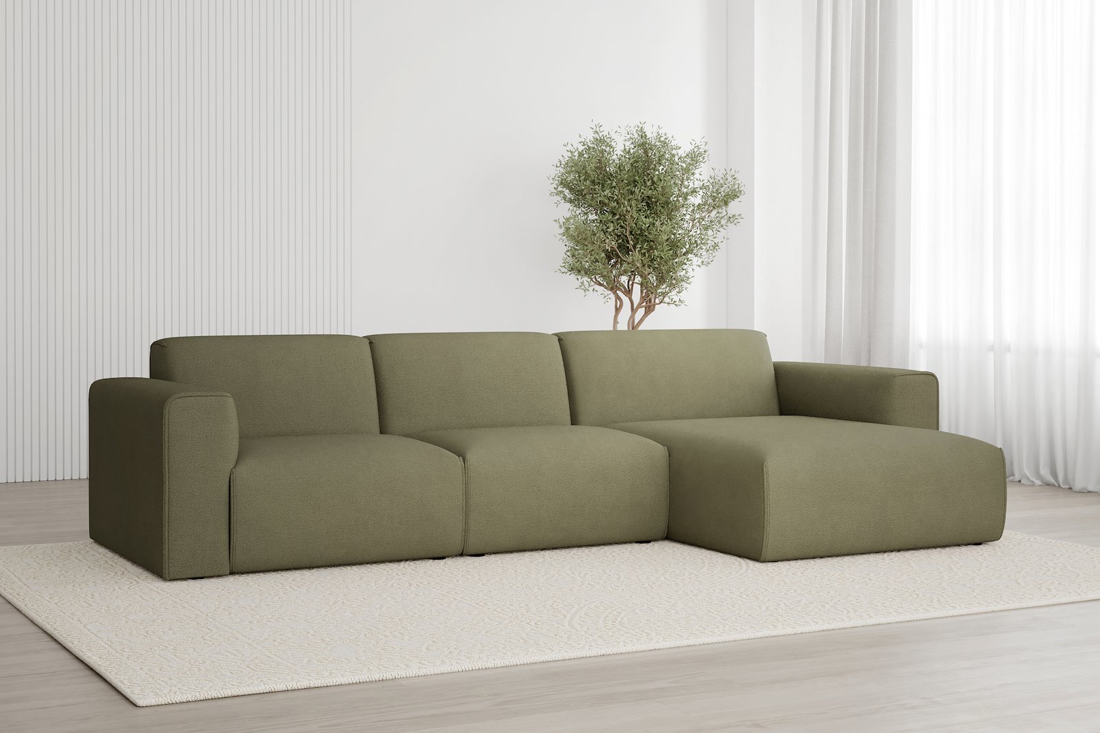 Monaco Lux 2,5-seter med XL sjeselong høyre Tekstil Brego 77 Green med sorte ben. Lux komfort.