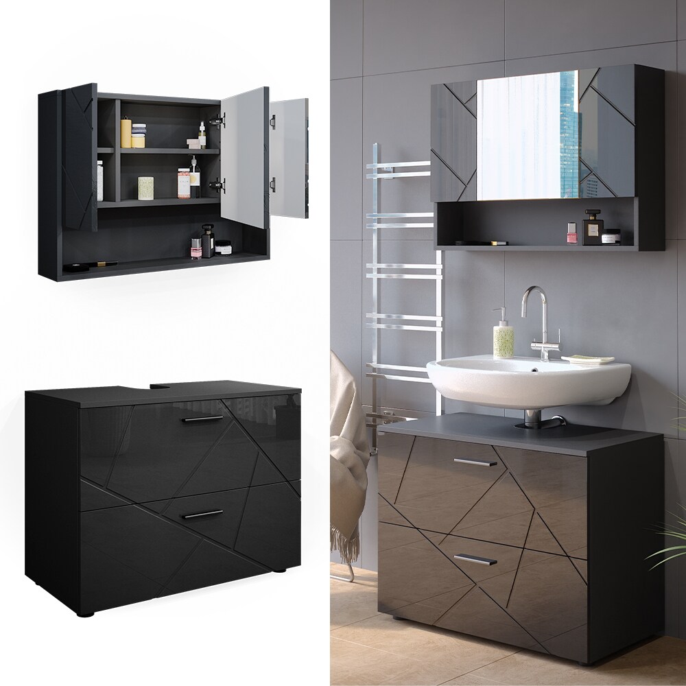 Vicco Badmöbelset Irma Anthrazit Hochglanz modern 80 cm Badezimmerschrank Badschrank Badezimmermöbel Waschtischunterschrank Spiegelschrank Schranktür Schrankfach Schrankschublade Ablage Aufbewahrung