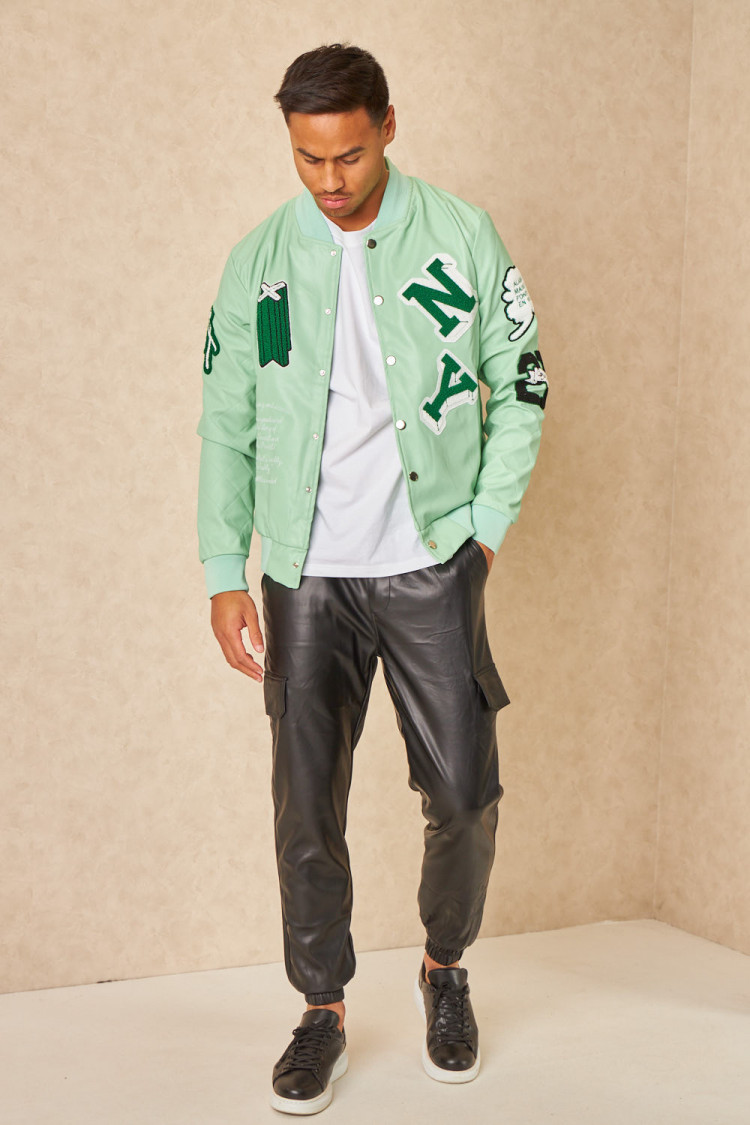 Bomber en simili cuir vert clair brodée 