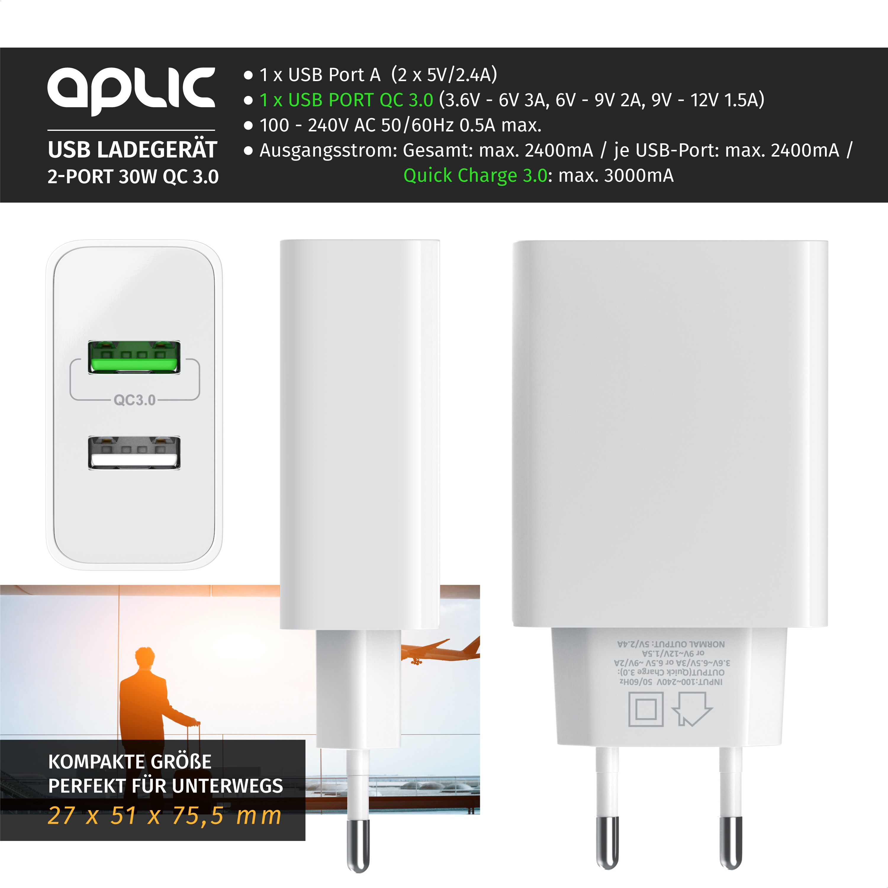 Aplic USB-Ladegerät 3000 mA, 2-Port, 30W, Quick Charge 3.0 (QC 3.0) Schnelladefunktion