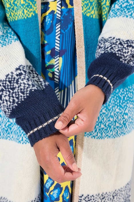 Strickjacke, offene Form, Feinstrick, Blockstreifen, Langarm