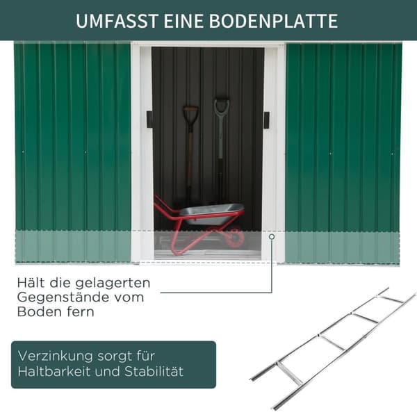 Redskapsbod, Hageskur, Redskapsbod Med Skyvedør, Ventilasjonsvindu, Skrått Tak, Utendørs, Stål, Mørkegrønn, 280 X 130 X 172 Cm