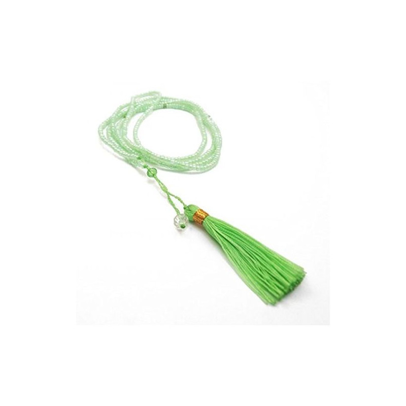 Collier long en perle de rocaille et pompon vert