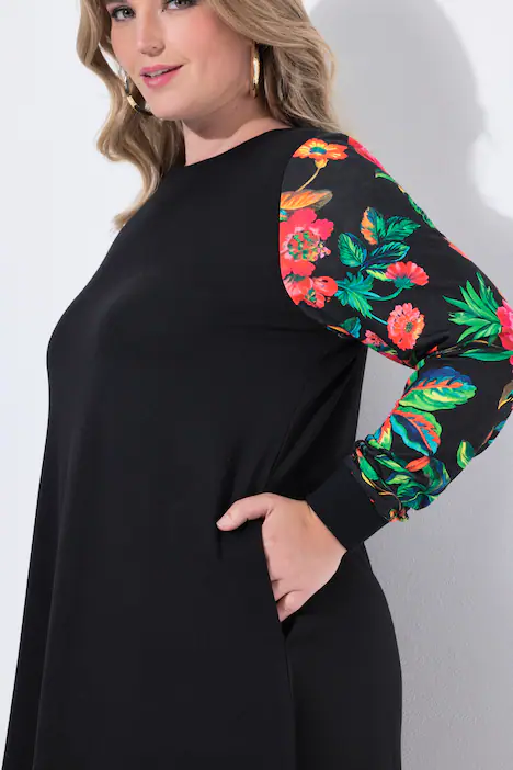 Sweatkleid, A-Linie, Langarm mit Muster, schwarz