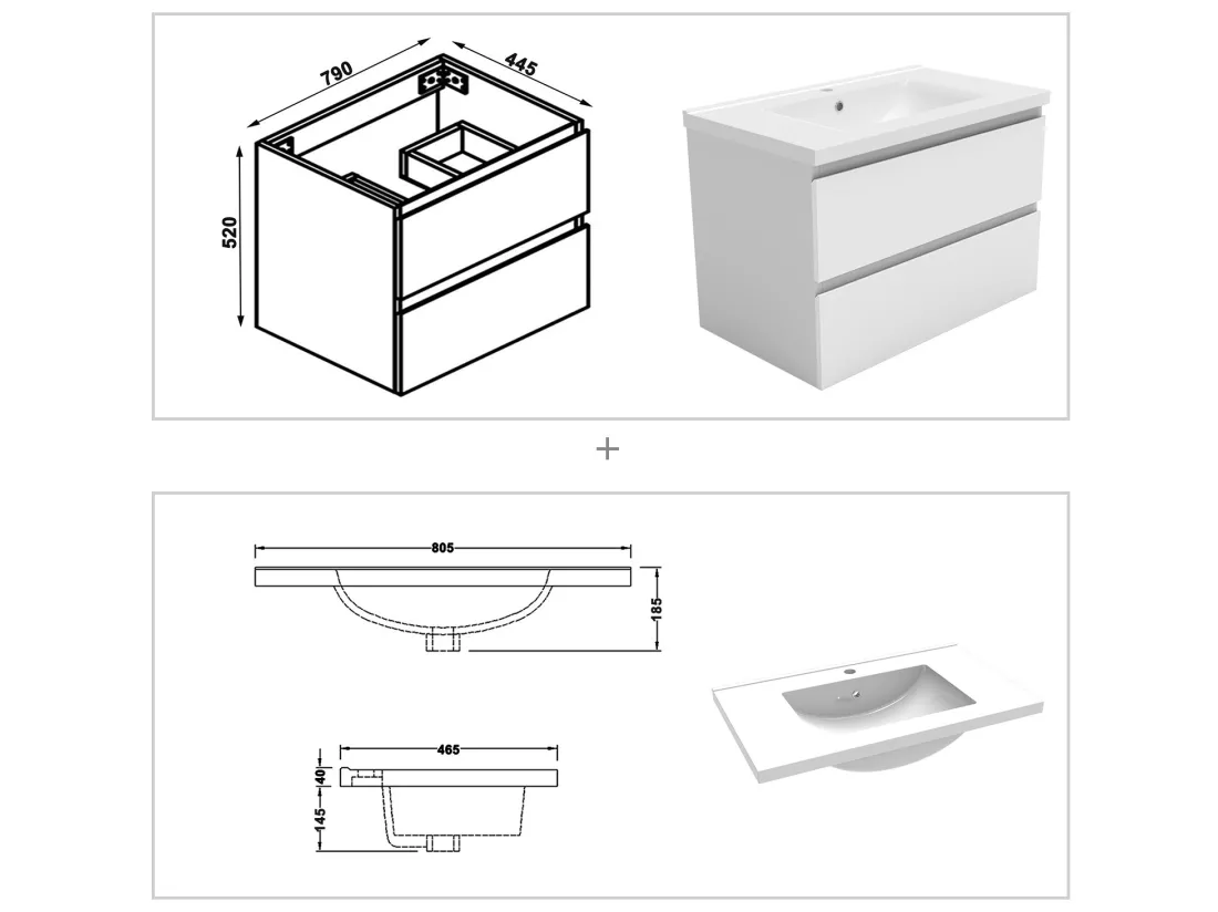 Meuble salle de bain simple vasque 80cm blanc meuble acve rond miroir - Aica