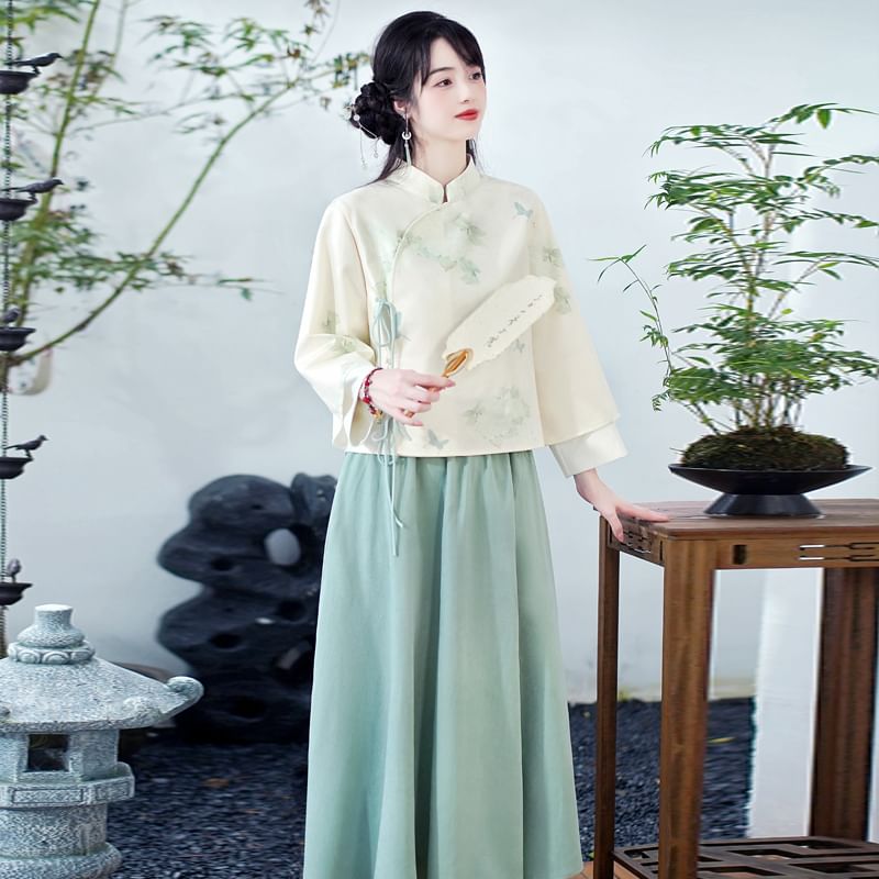 Fioridi - Hanfu-top met lange mouwen en bloemenprint en strik / Midi-A-lijn rok met hoge taille