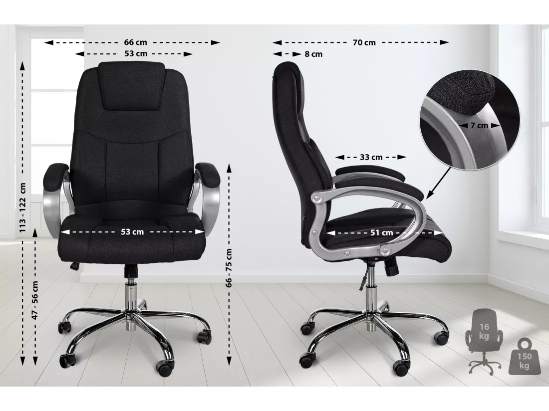 Chaise de bureau - Tissu & Métal chromé - Noir - XL Apoll