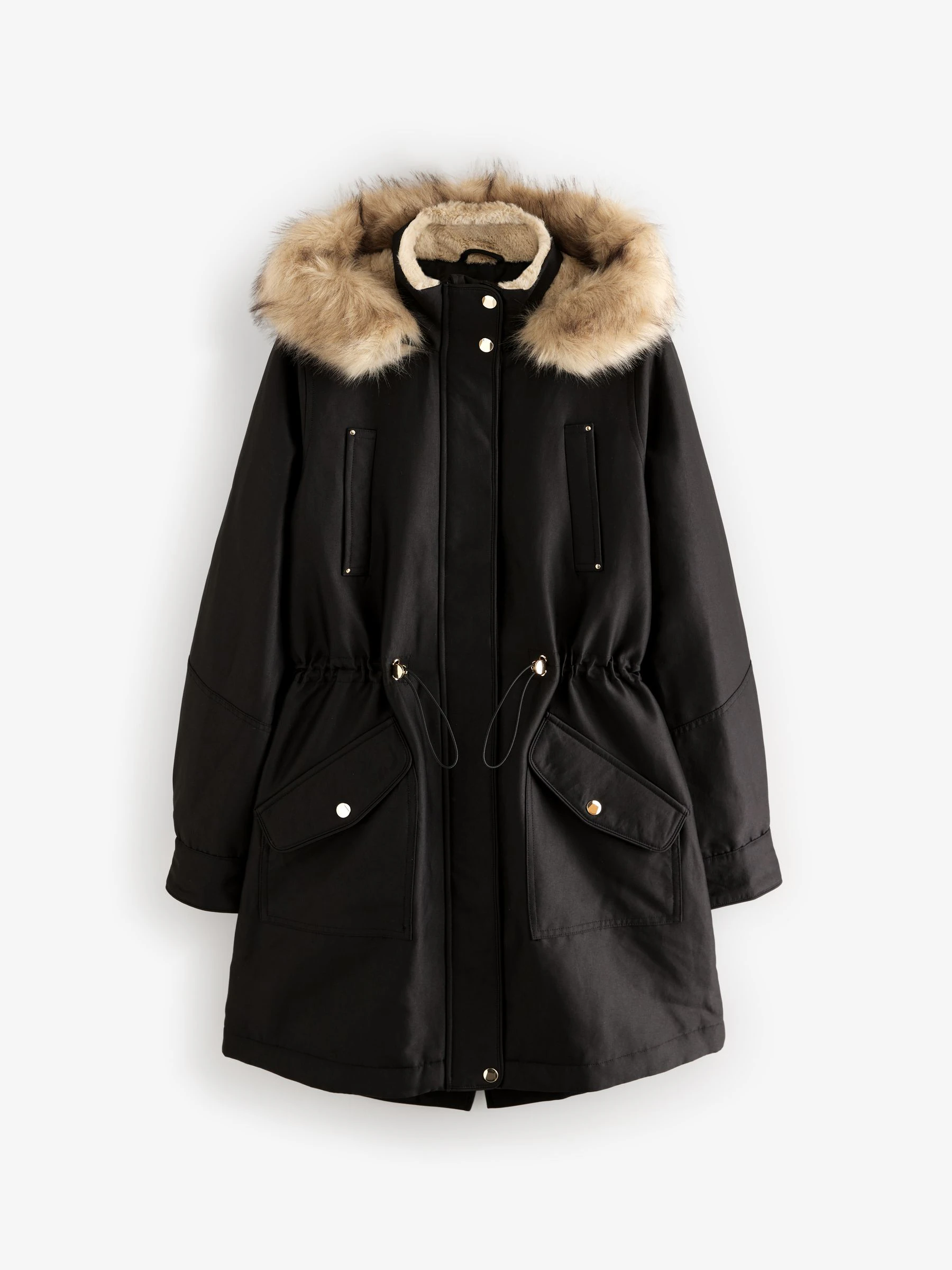 Zwart - Parka met capuchon en imitatiebontkraag