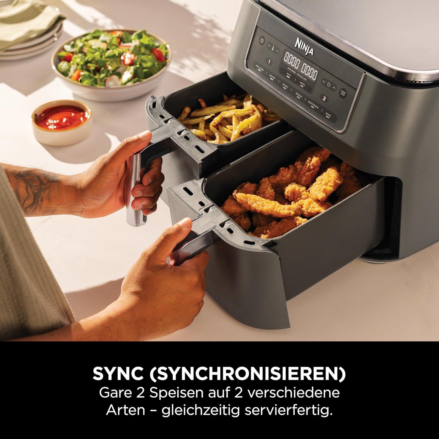Ninja Dual Zone Digital Air Fryer, 2 Schubladen, 6-in-1, Heißluftfritteuse ohne Öl, 7,6L, Heißluft-Frittieren, Max Crisp, Rösten, Backen, Aufwärmen, Spülmaschinenfeste Körbe, Metallic Grau DZ300EU
