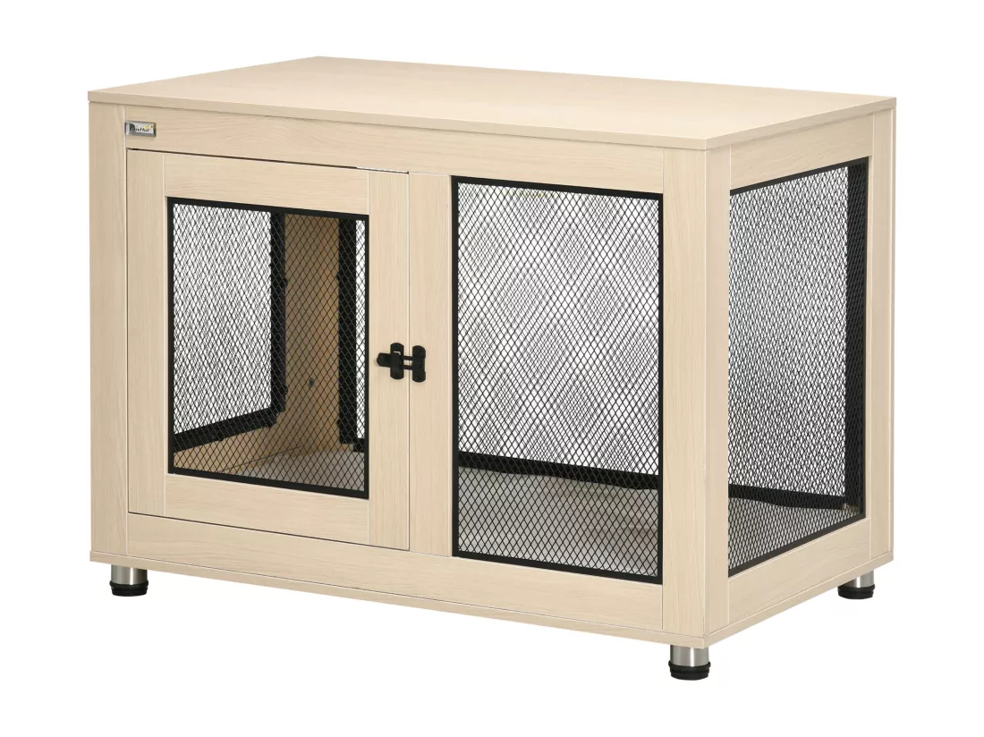 Cage pour chien sur pied style industriel - 2 portes verrouillables, coussin inclus - acier maillé noir panneaux aspect bois clair