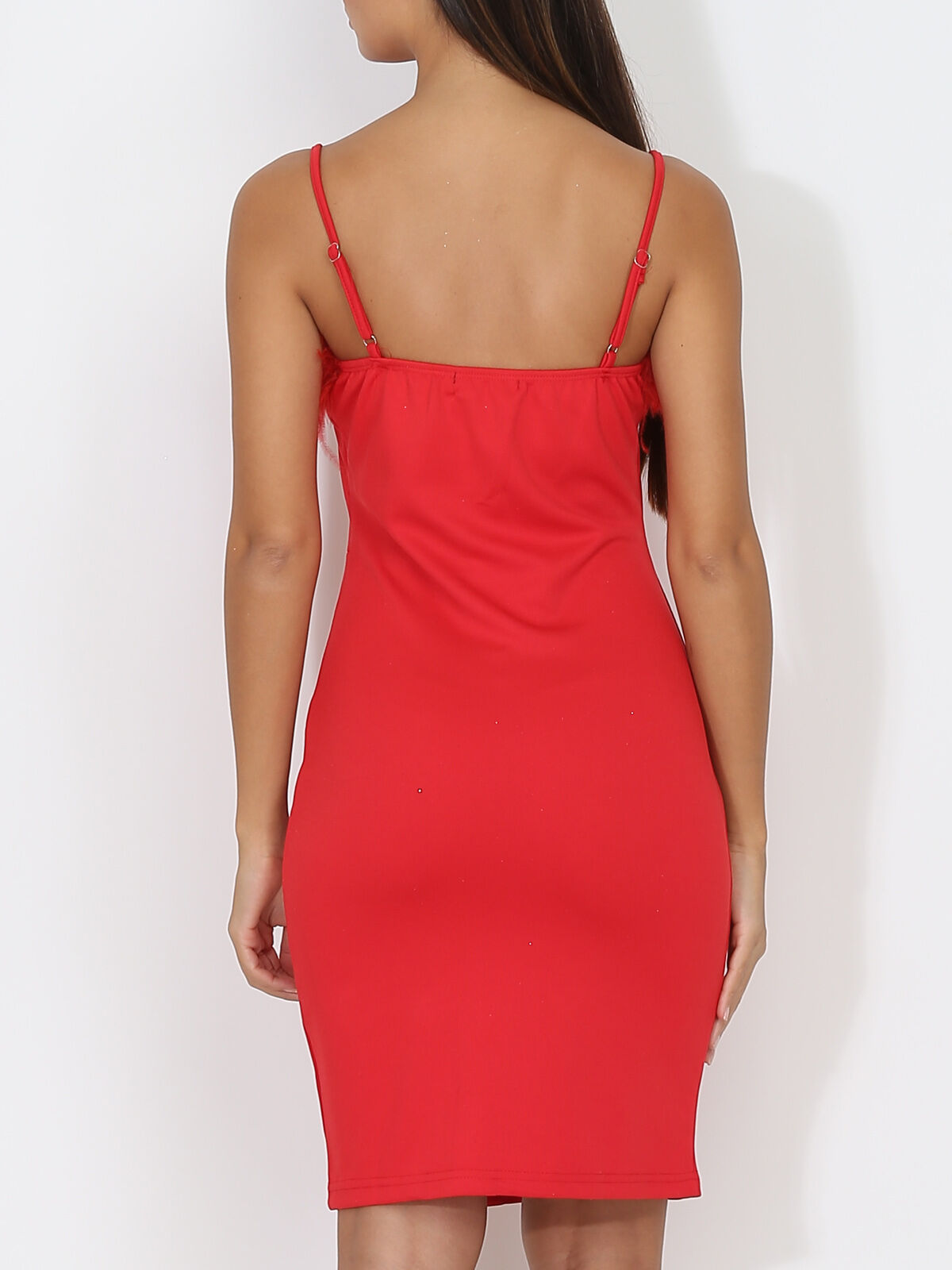 Robe moulante et fendue à plumes- Rouge