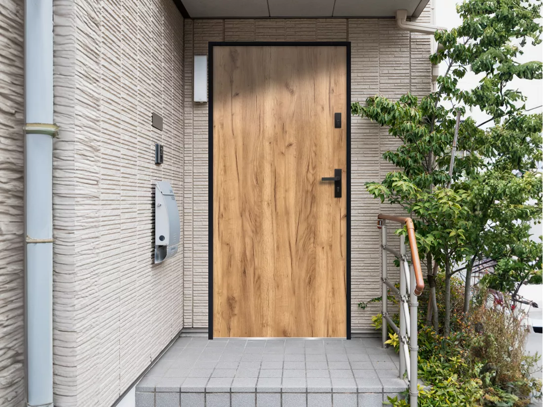 Porte d'entrée en acier pleine H207 x L100 cm effet chêne - poussant gauche - AGUEDA