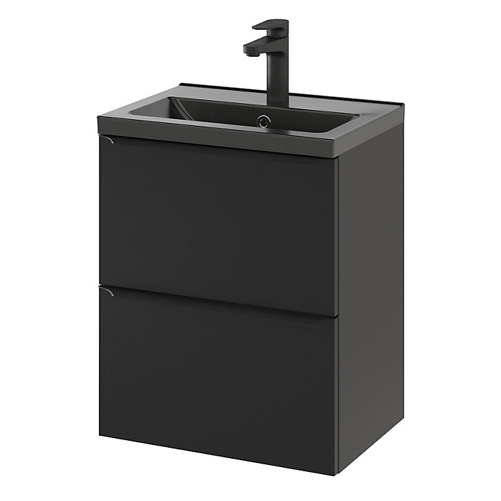Ensemble salle de bains l.50 cm meuble à suspendre faible profondeur Imandra noir mat + plan vasque céramique noir
