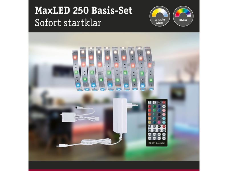 Paulmann LED-Stripe MaxLED 250 RGBW, 3 m Basisset Unbeschichteter LED-Streifen mit variabler Lichtfarbe, kürzbar