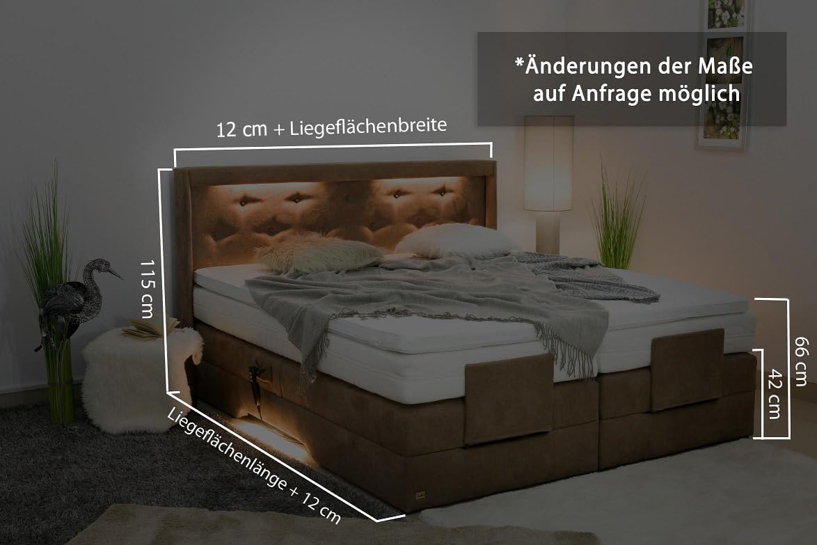 PAARA Luxus Boxspringbett Paris Night GM | 10.000 Newton Motorleistung | LED | Antirutsch-Matten | Royal-WS® Taschenfederkern Matratze mit GELAX® Topper Kern | Made in Germany (120 x 200 cm)