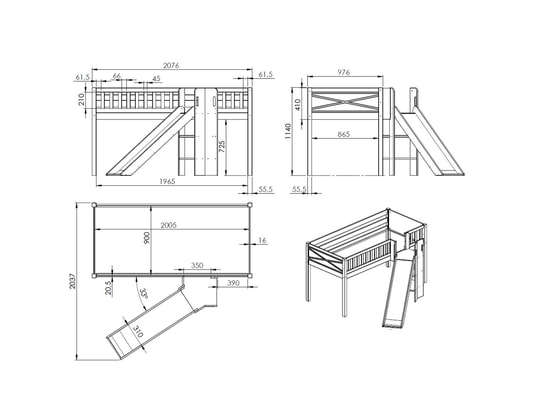 VIPACK - Lit mi-hauteur 90x200 toboggan sommier inclus scott - blanc