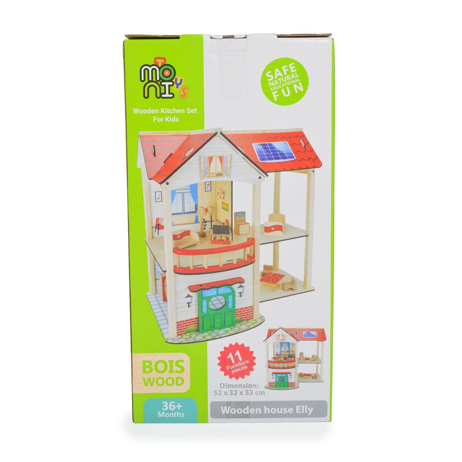 Moni Holz-Puppenhaus Elly 11 Möbelstücke, 2 Etagen, 4 Zimmer, Türe, Küche, Bad rot