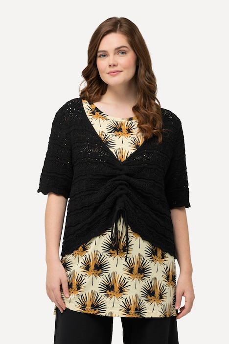 Pullover, Raffband, V-Ausschnitt, Halbarm, Biobaumwolle
