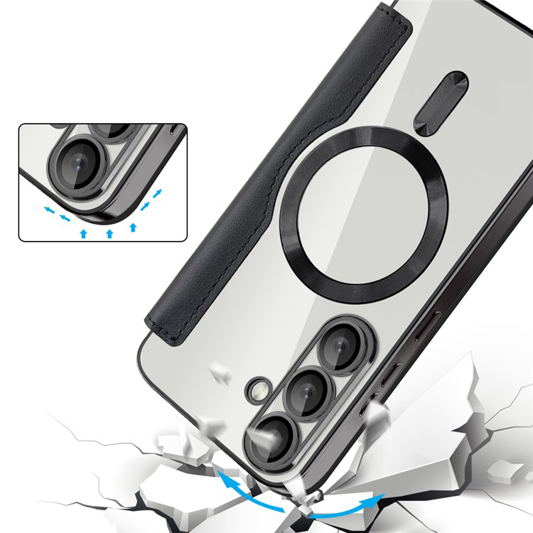 Samsung Galaxy S25 Hybrid Leder Tasche   Kunststoff Rückseite MagSafe-Modul mit Steppmuster (RFID Schutz) - Schwarz / Transparent