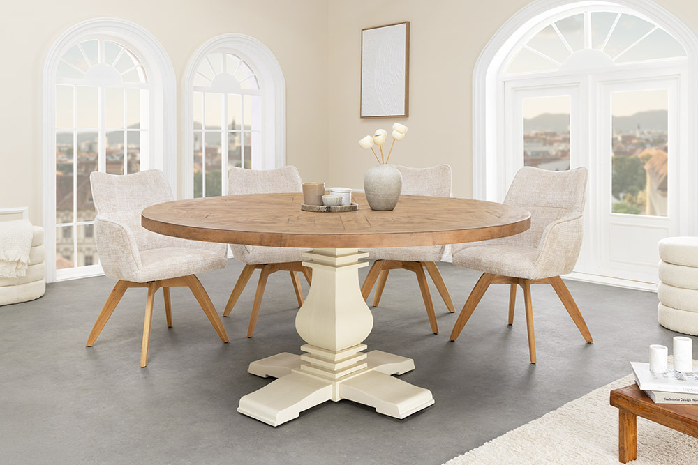 Runder Esstisch HAMPTONS 140cm hellbraun creme recycelte Pinie Massivholz