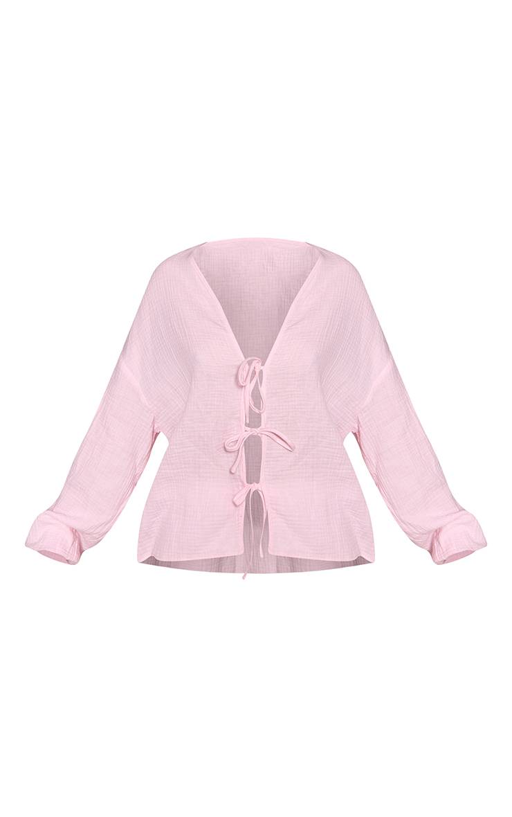 Rose Chemise Petite Texturée En Gaze De Coton Avec Liens À Nouer Devant - Ensemble Coordonné