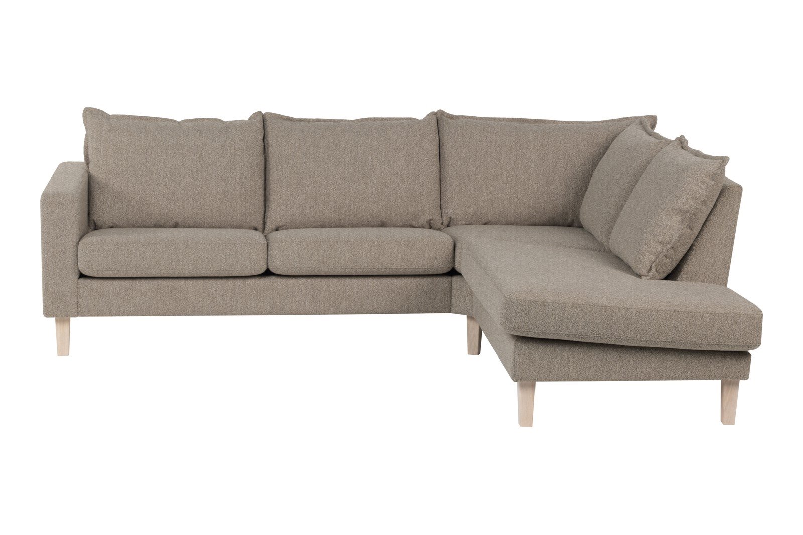 Slogen hjørnesofa Oppsett AH. 2,5-seter med åpen ende høyre. Tekstil Viva Earth med soft ryggpute. Vange B og hvitpigmentert ben 178.