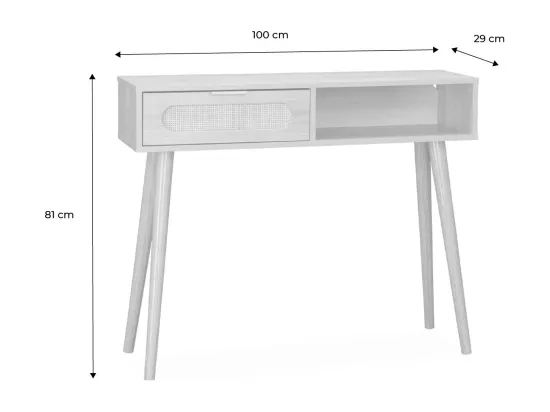 Console décor bois et cannage arrondi . Eva. 1 tiroir. 1 niche. pieds scandinaves. L 100 x l 29 x H 81cm