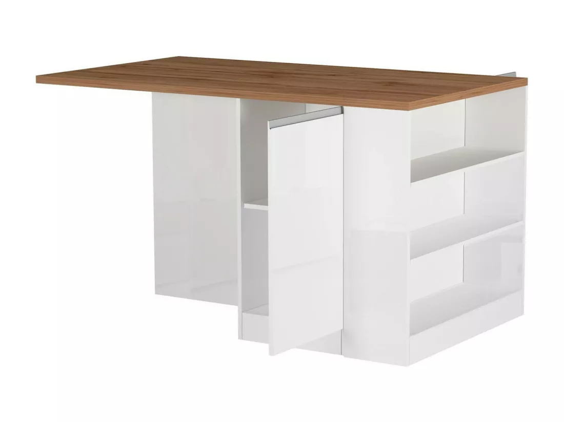 Îlot de cuisine Dcannaval, Armoire polyvalente, Meuble de kitchenette, Table auxiliaire, 100% Made in Italy, 160x90h90 cm, blanc brillant et chêne