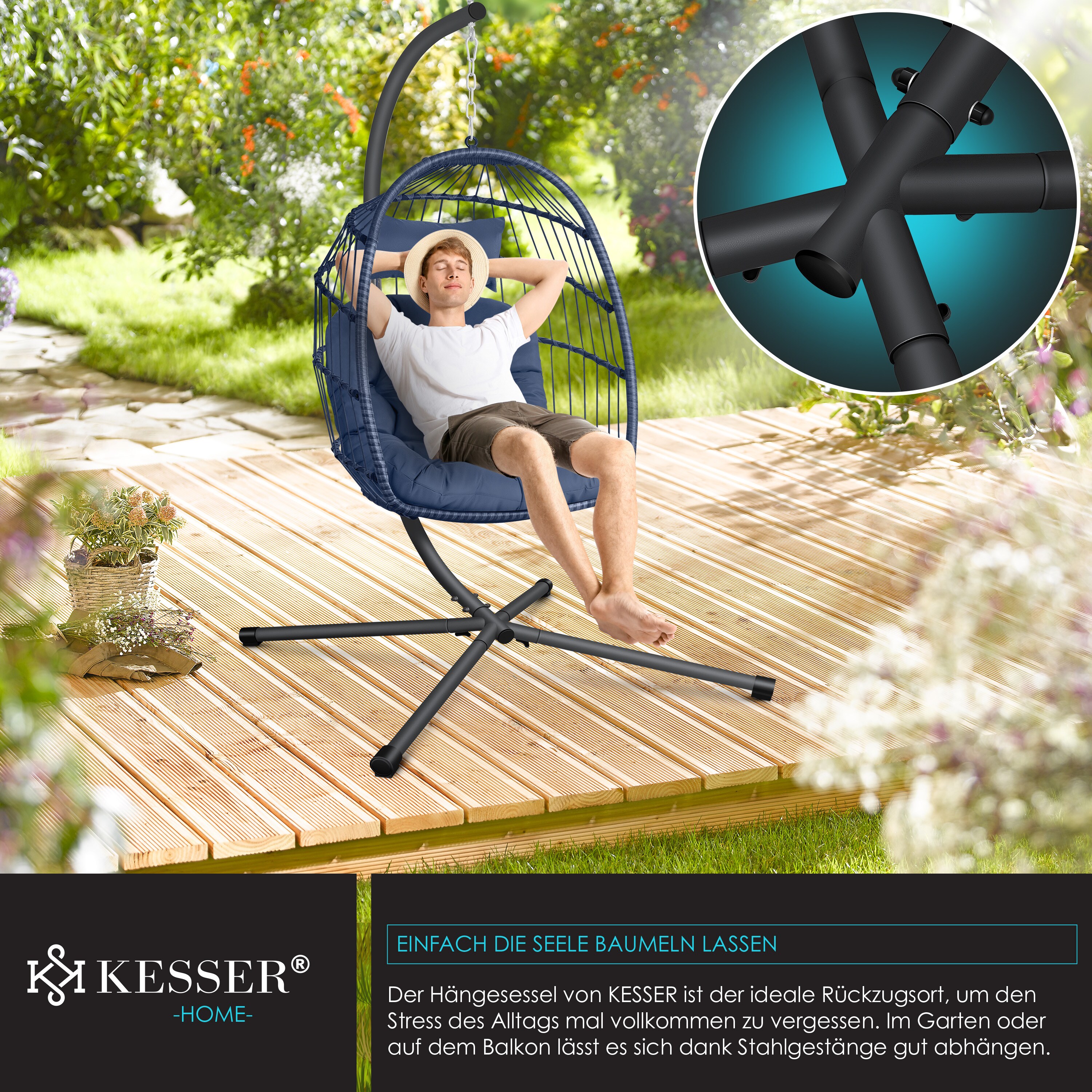 KESSER® Hängesessel Jungle mit Gestell Stahl Hängekorb Sessel Inkl. Großen Kissen + Decken Halterung - Hängeschaukel Hängesitz Indoor - Outdoor Schaukel Hängestuhl für Kinder und Erwachsene