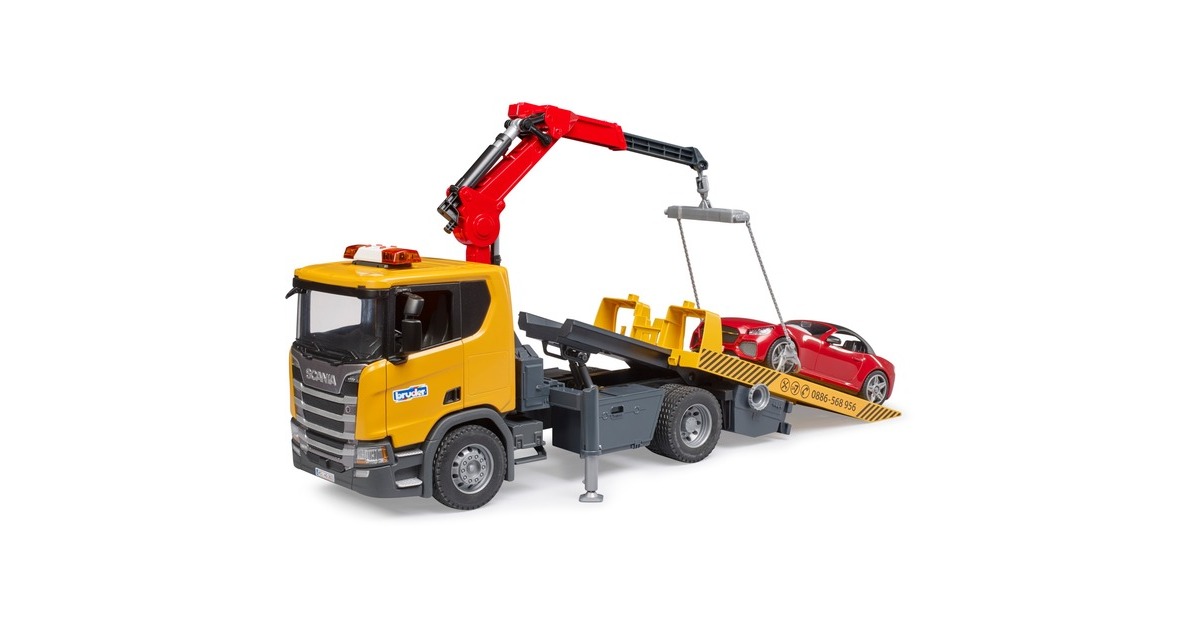 bruderScania Super 560R sleepwagen met kraan en licht en geluid + roadster sportauto Modelvoertuig  (03552)