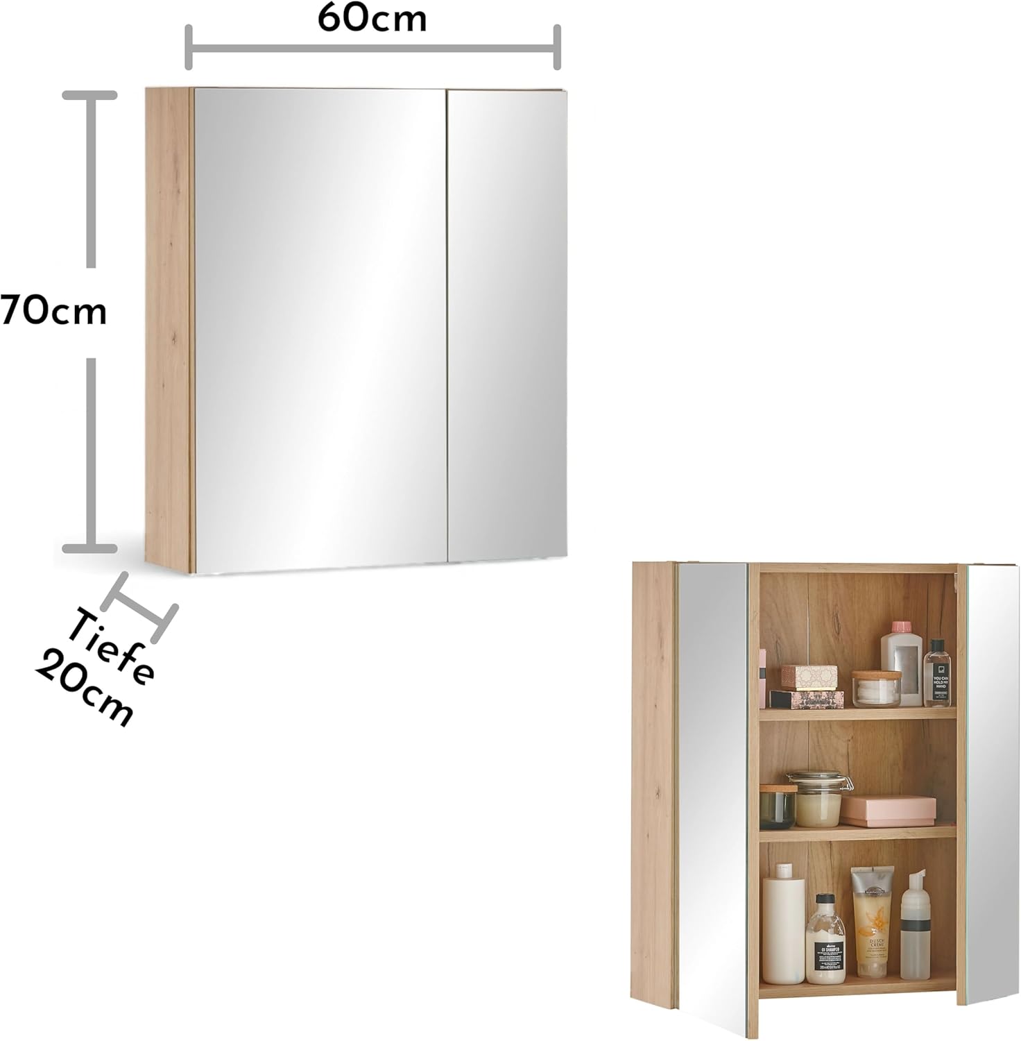 AUSTIN Spiegelschrank Bad in Artisan Eiche Optik FSC-zertifiziert - Badezimmerspiegel Schrank mit viel Stauraum - 60 x 70 x 20 cm (B/H/T)