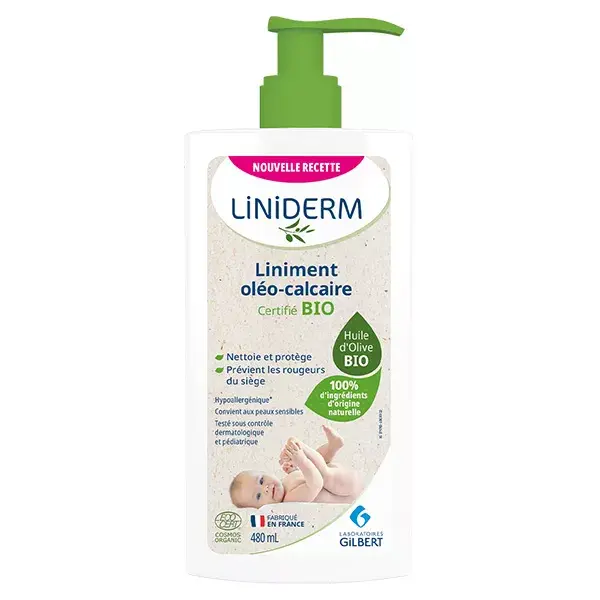 Linimento orgânico de oleo-calcário Gilbert Bébé Liniderm em frasco com bomba dosadora de 480ml