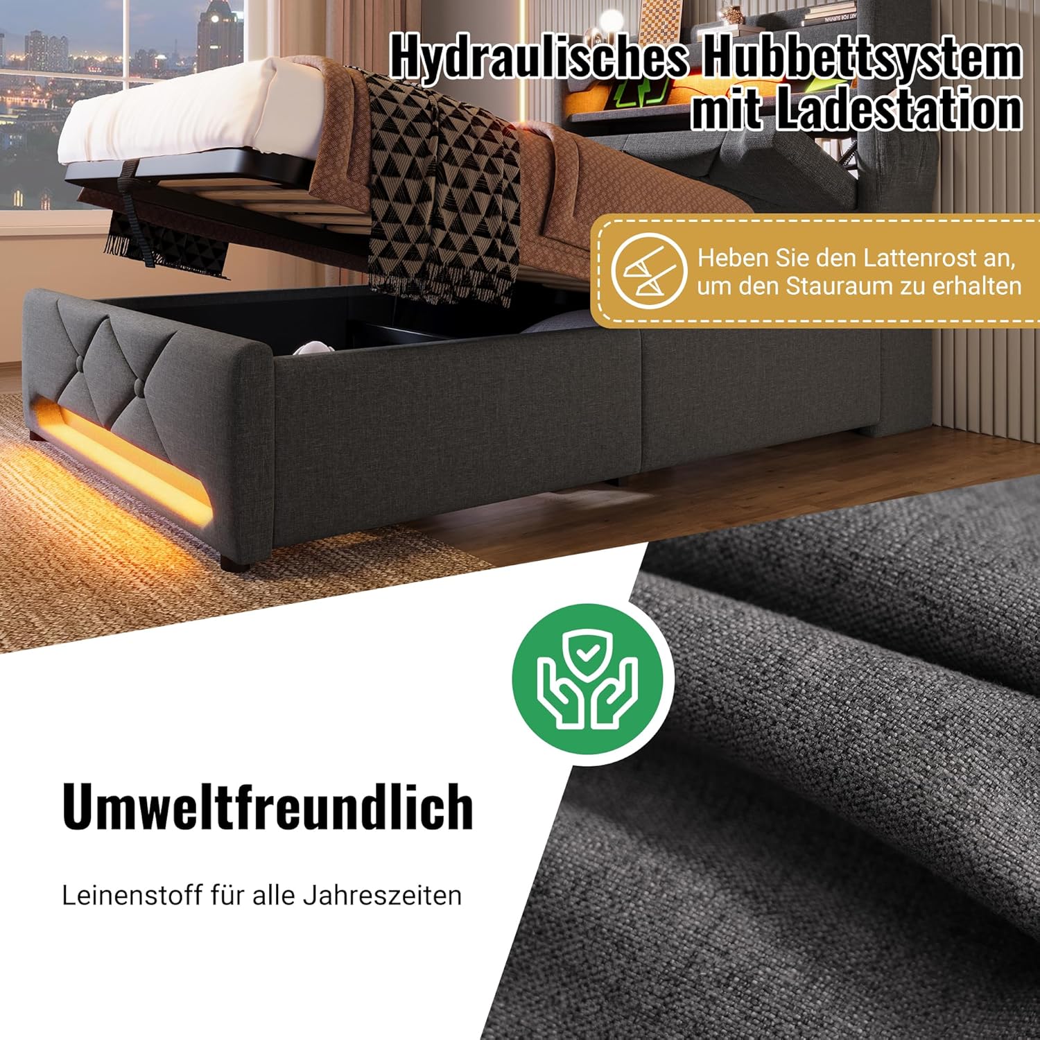 Polsterbett 180x200 Doppelbett, Stauraum-Kopfteil mit USB- und Typ-C-Anschlüssen, LED-Beleuchtung am Kopf- und Fußende des Bettes, mit Hydraulischem Stauraum, Leinen (Grau 1, Ohne Matratze, 180x200CM)