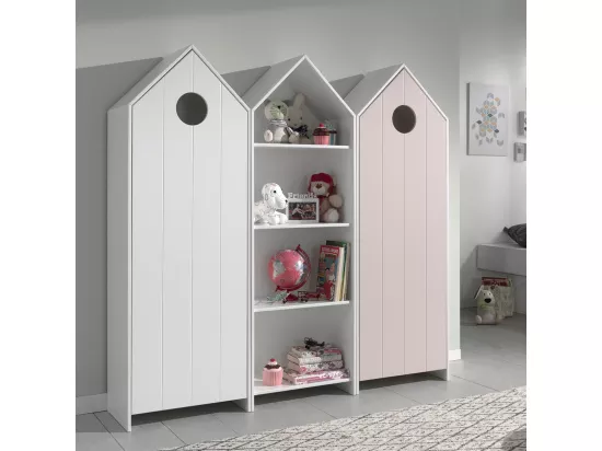 HAVRE - Pack Bibliothèque + 2 Armoires Blanche et Rose