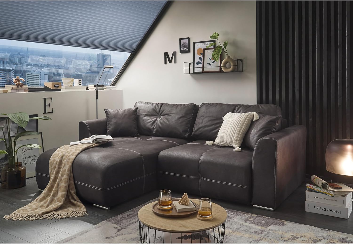 DOLAN Ecksofa mit Schlaffunktion in Lederoptik, Anthrazit - Moderne Eckcouch in L-Form mit Bettkasten - 247 x 90 (70) x 190 cm (B/H/T)