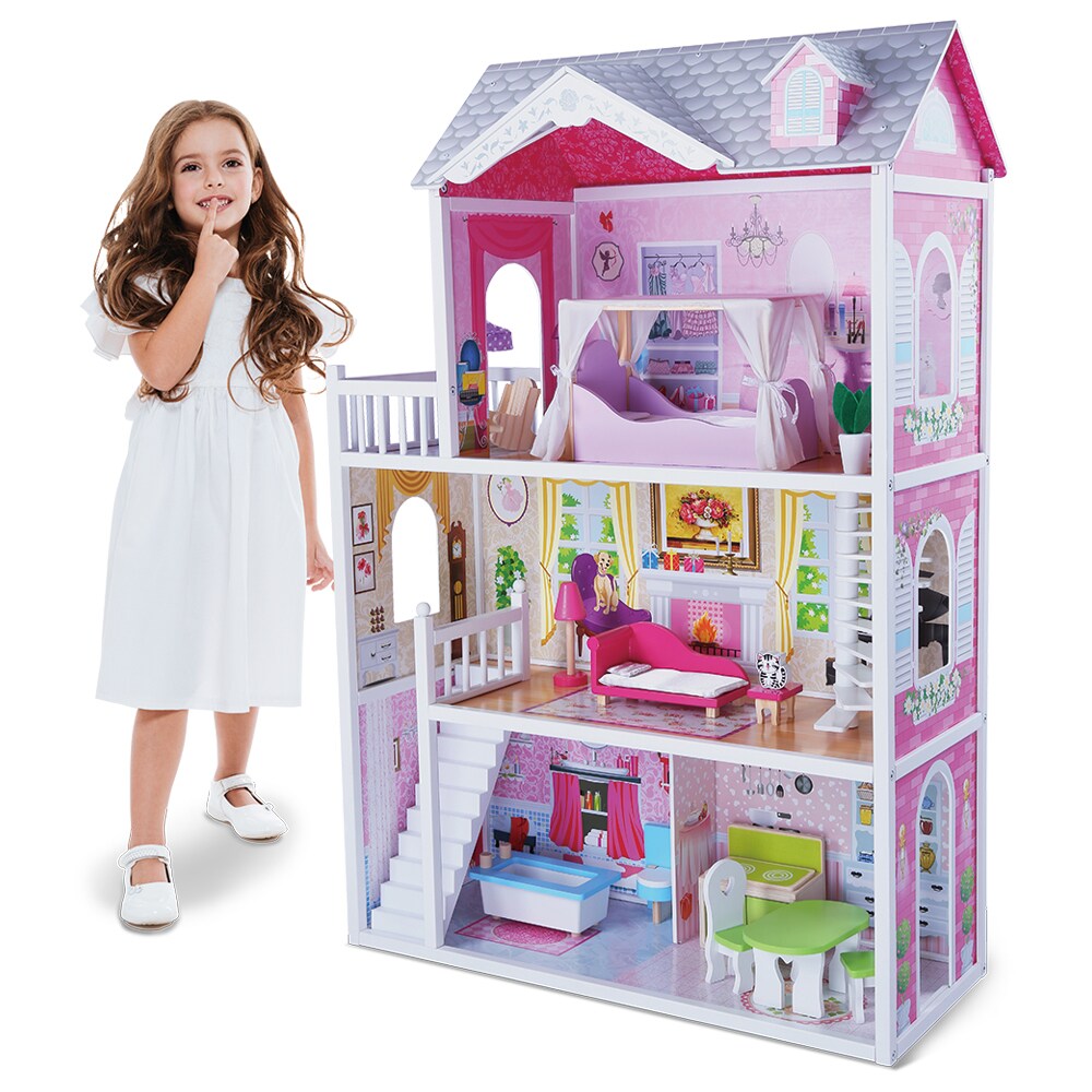 Moni Holz-Puppenhaus 4107 Aria 14-teilig mit Puppe, 3 Etagen, 4 Zimmer, Terrasse rosa