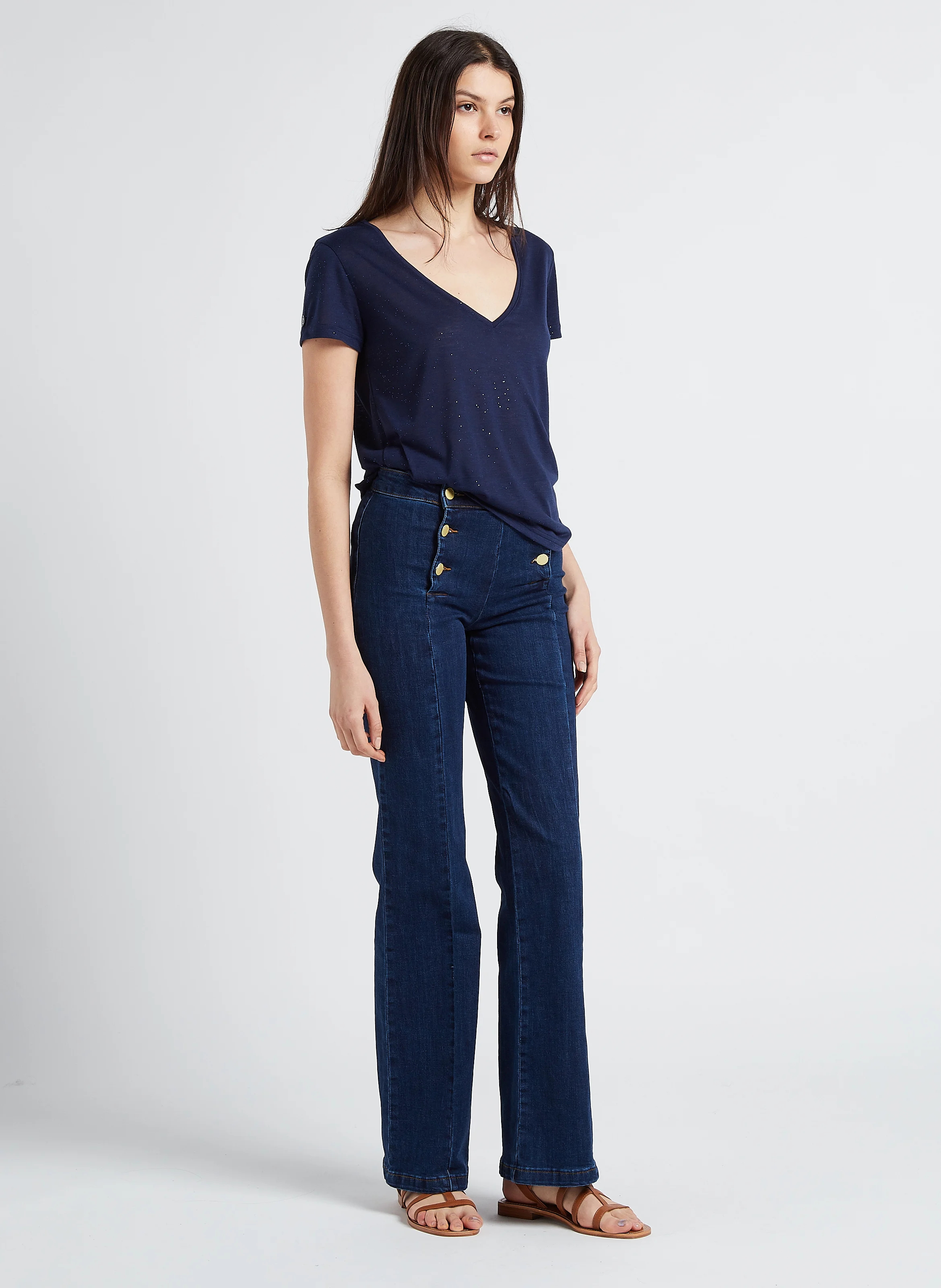 ELVIE - Tee-shirt col V droit pailleté | Bleu