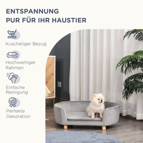 Pet Sofa Hundesofa Hundeseng Med Nederlandsk Fløyelsskum Bjørkeben For Katter Hunder 86 X 55 X 33 Cm Lys Grå