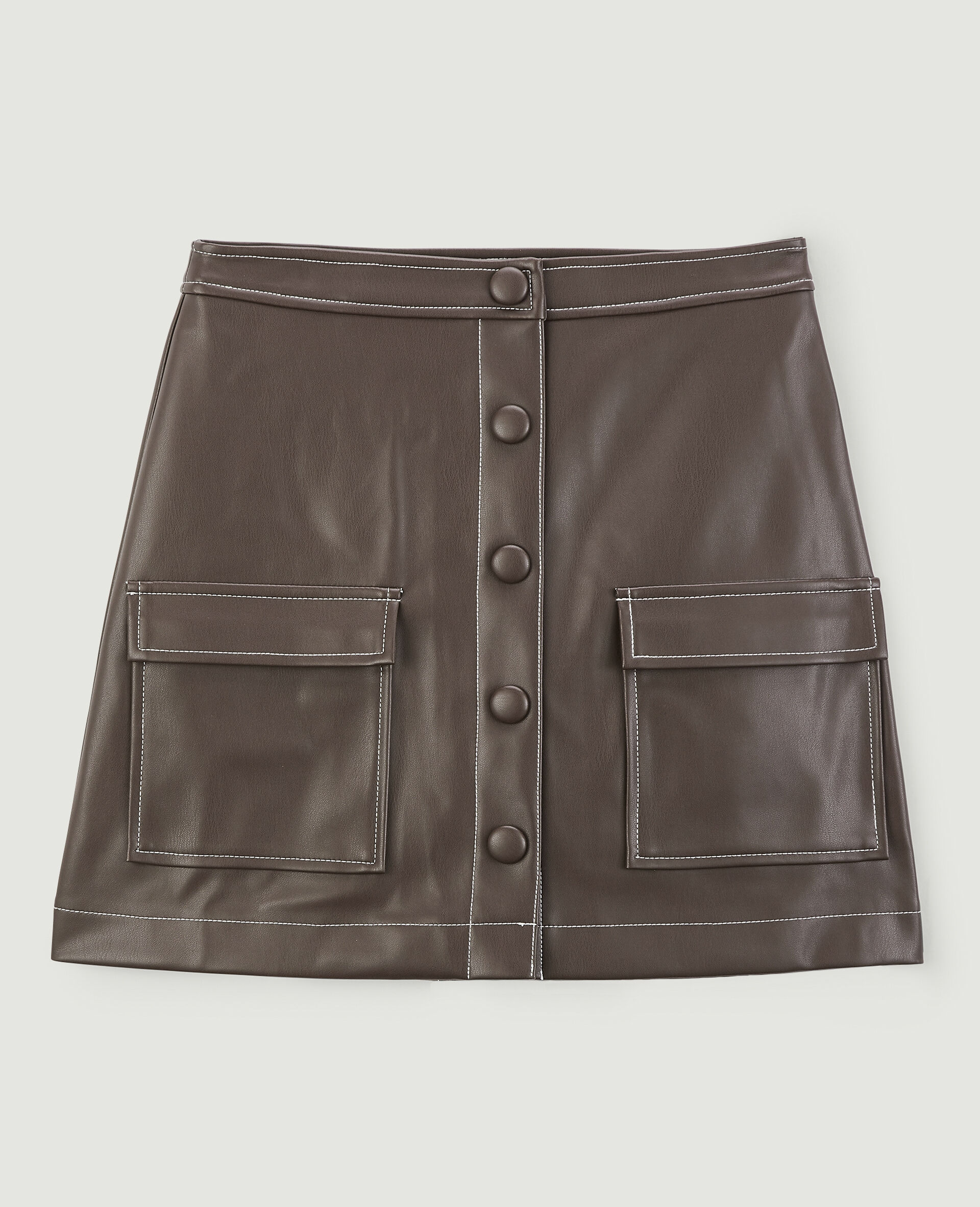 Jupe courte boutonnée en simili cuir - Taupe
