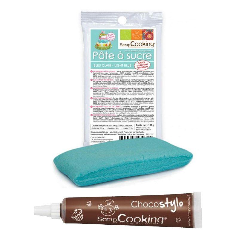 Stylo chocolat + Pâte à sucre bleu clair 100 g Scrapcooking