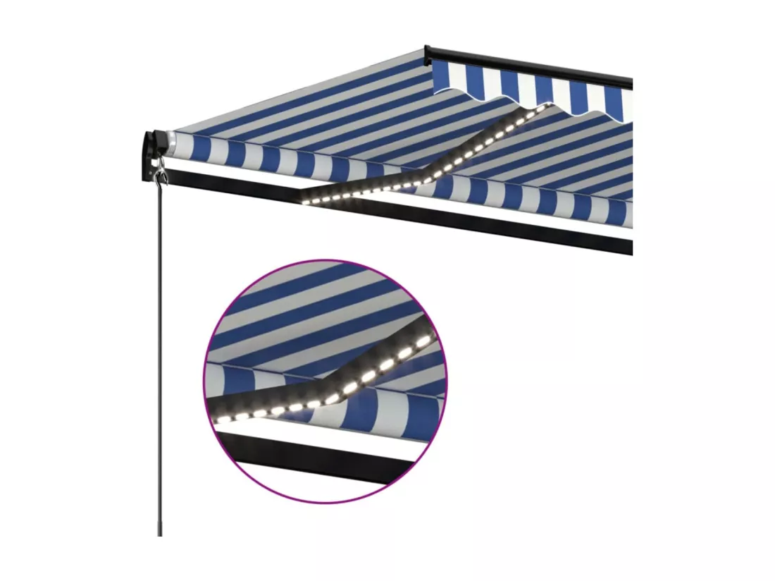 Auvent manuel rétractable avec LED 600x350 cm Bleu et blanc