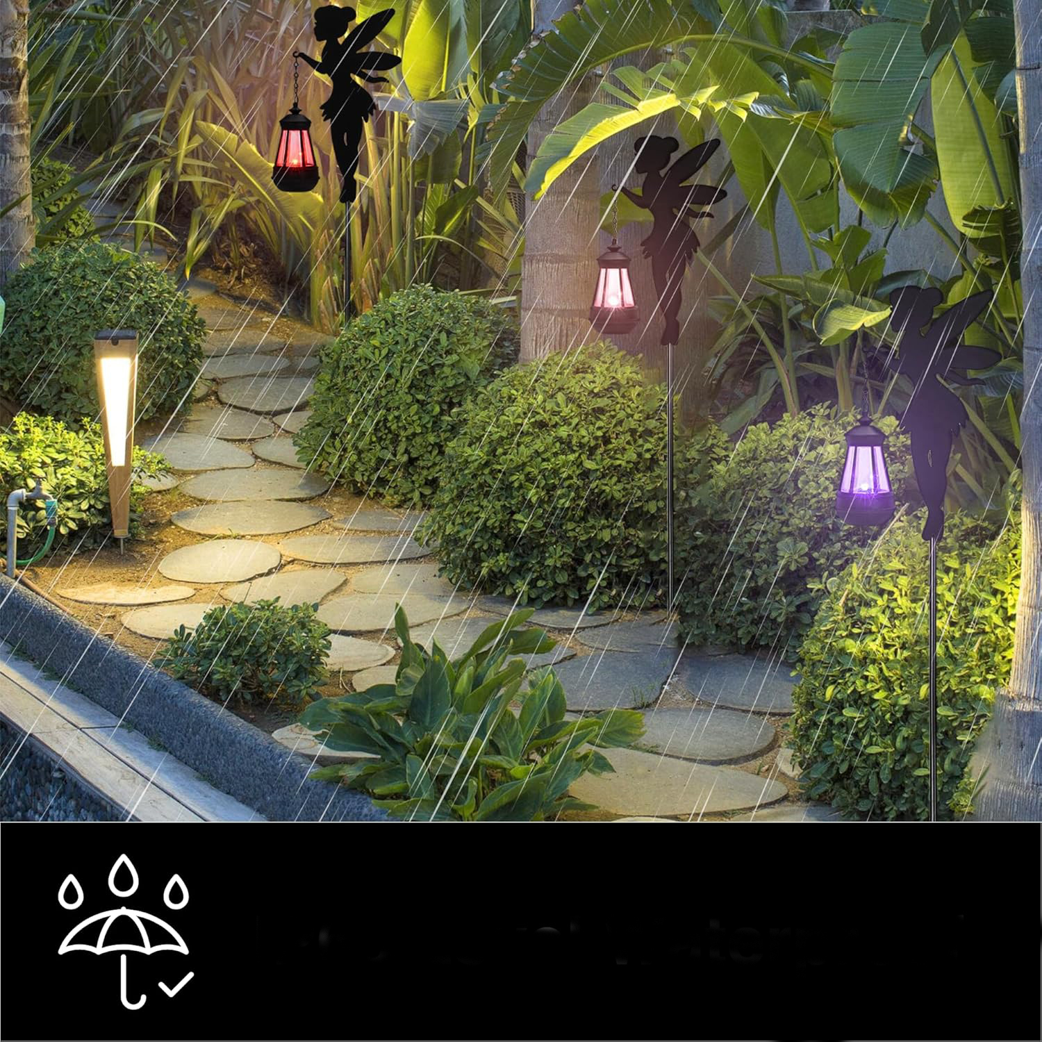 (2er Set) 30x17cm LED Deko Solar Fee Silhouette Laterne Outdoor Beleuchtung mit Farbwechsel IP65 - Schwarz