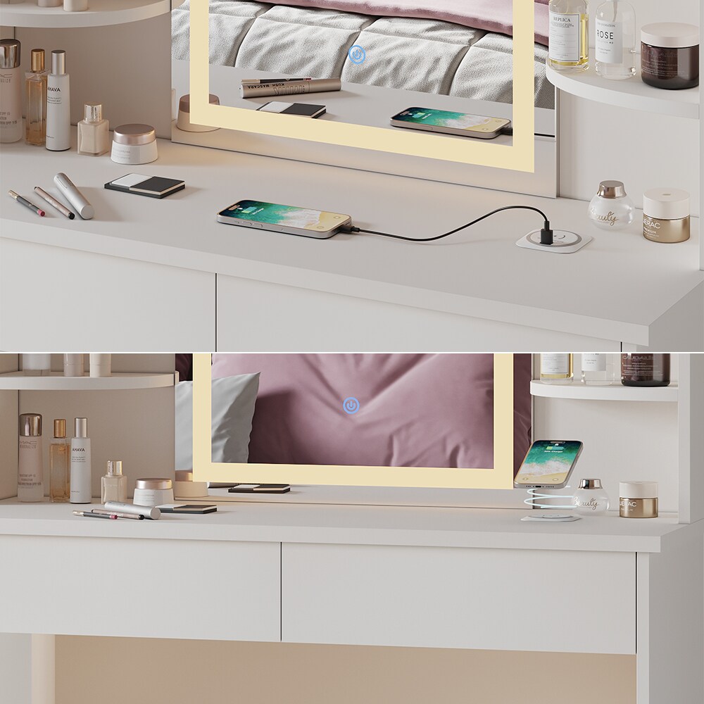 Vicco Schminktisch Charlotte Weiß 106 cm mit LED-Spiegel und QI-Ladestation