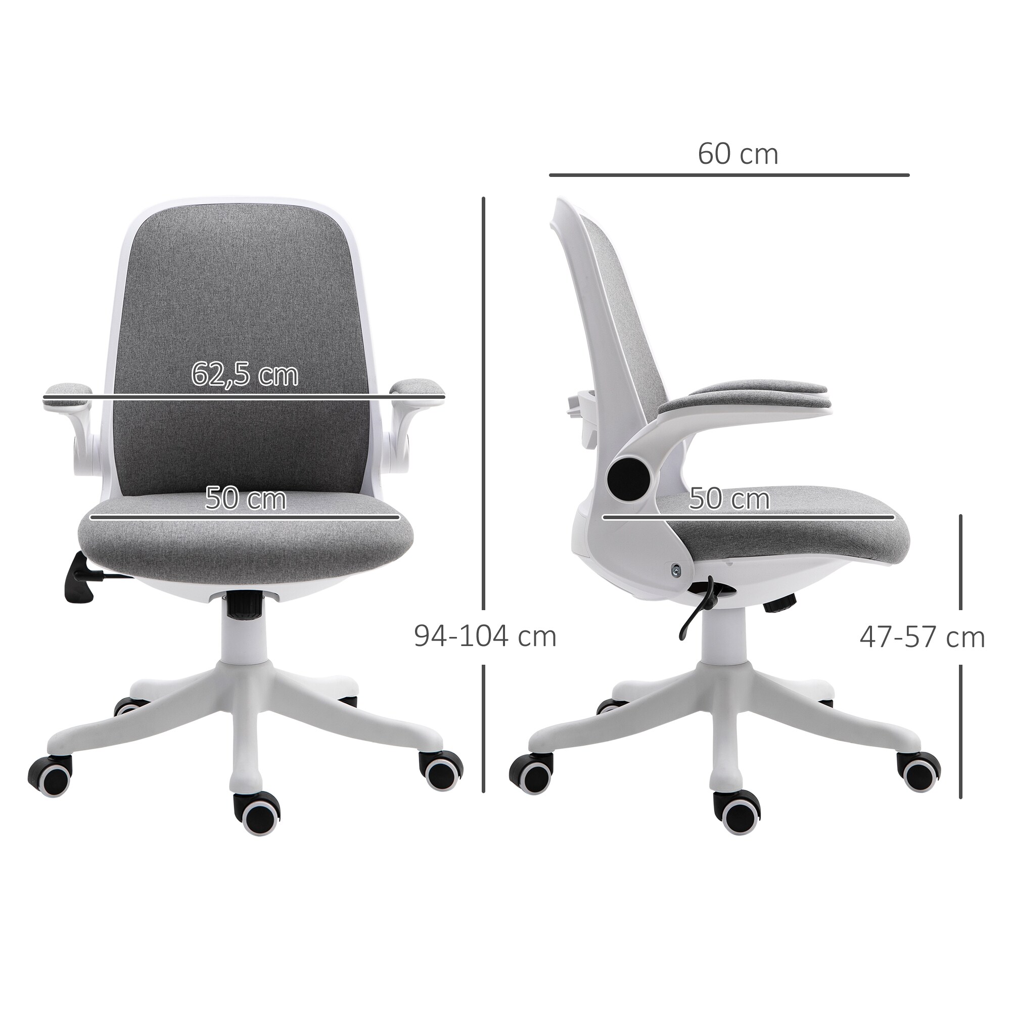 Vinsetto Bürostuhl mit Wippfunktion höhenverstellbar Grau+Weiß 62,5 x 60 x 90-98 cm (BxTxH)