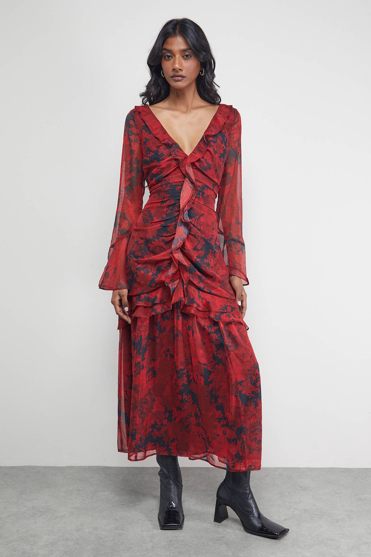 Warehouse Robe Mi-Longue en Mousseline à Volants et Corsage Froncé