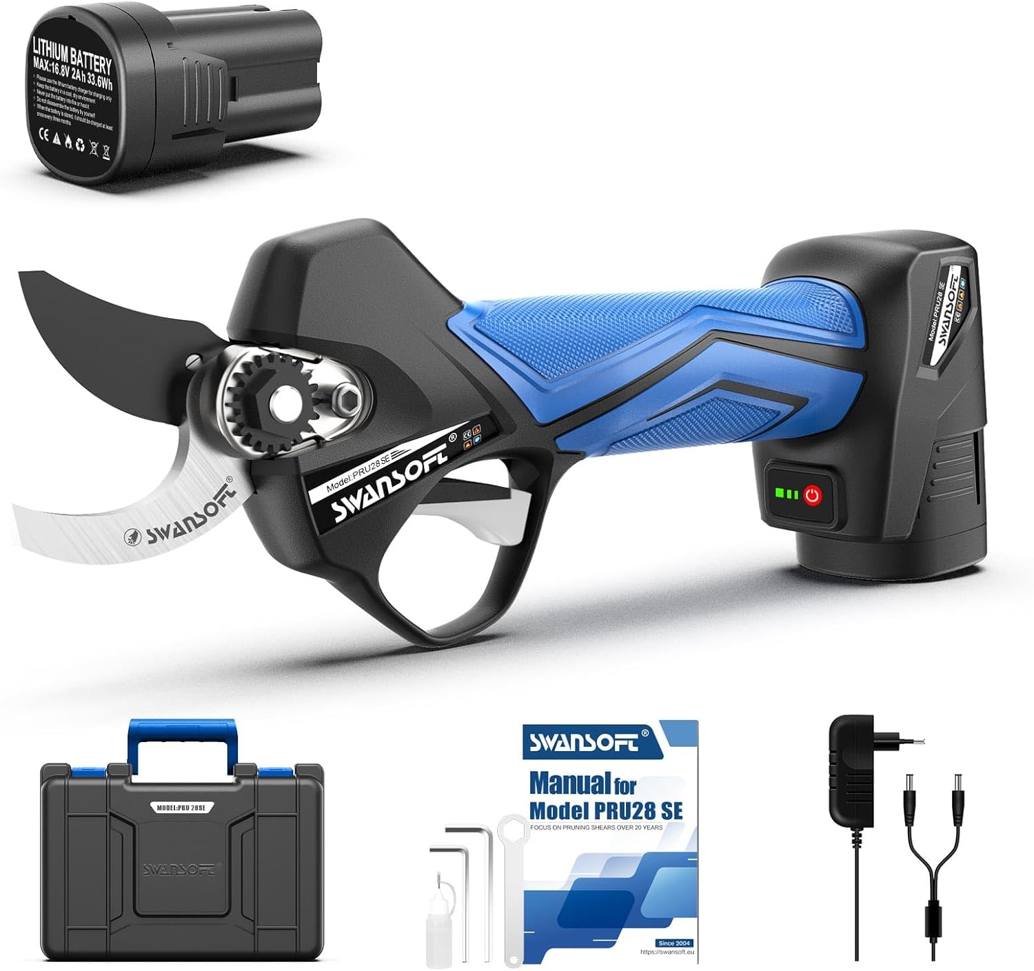 SWANSOFT PRU28 SE Akku Astschere, 28mm 16,8V 2+2Ah Gartenschere Akku, 850W Progressiv Elektrische Astschere