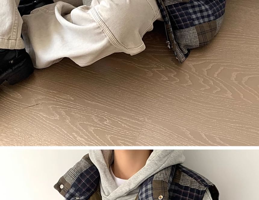 Omozando - Geruit patchwork gewatteerd vest met opstaande kraag en rits