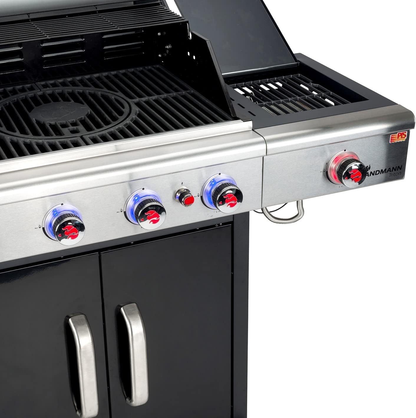 Landmann Gasgrill Triton 4.1 maxX - Kickstarter-Paket mit Grillplatte + Wetterschutzhaube | Premium Gasgrill mit doppelwandigem Deckel inkl. Thermometer | Landmann PTS-System [Schwarz]