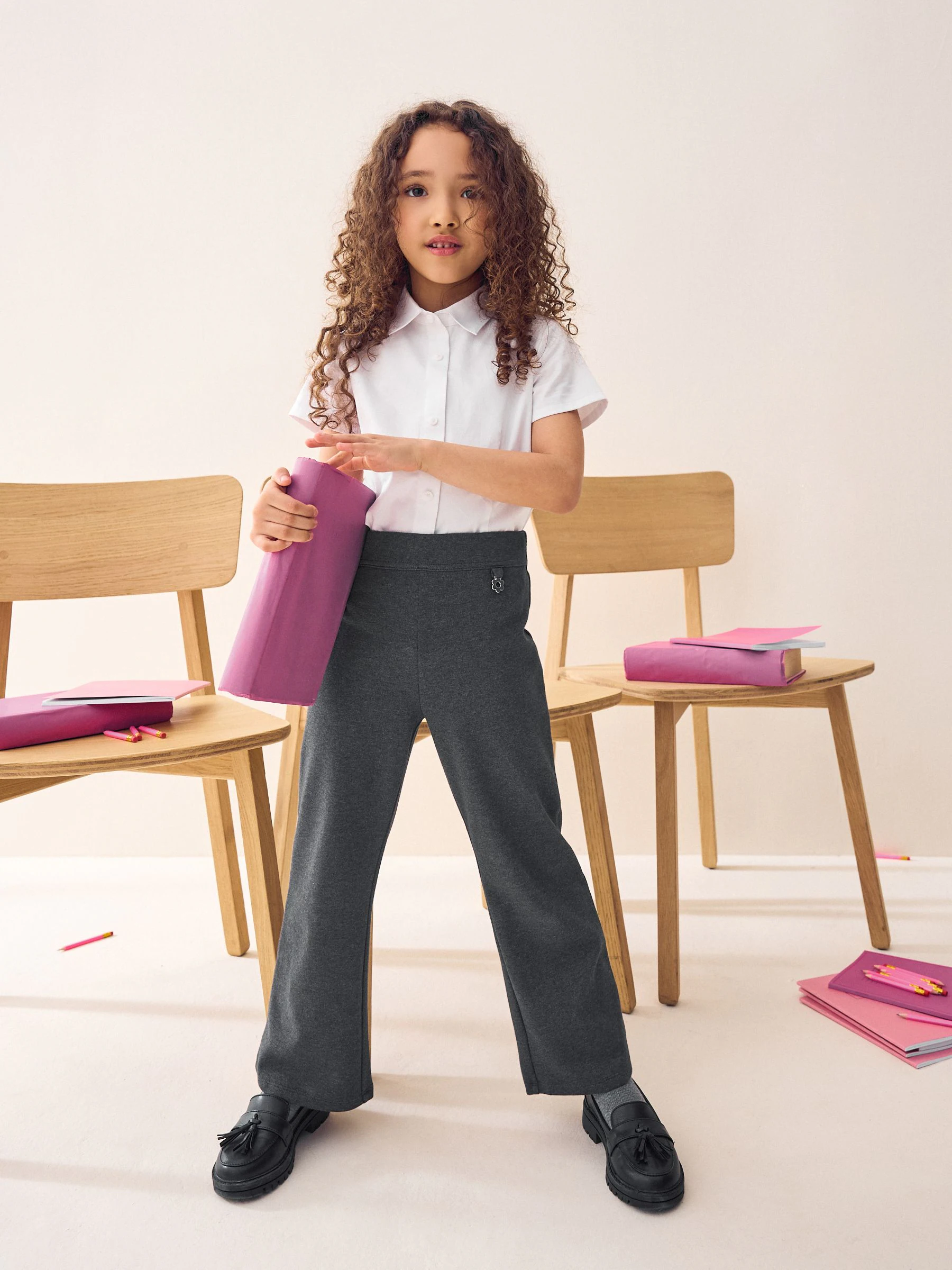 Antraciet - Schoolbroek met hoog aandeel katoen, stretchy, bootcut en elastische tailleband (3 - 16 jr)