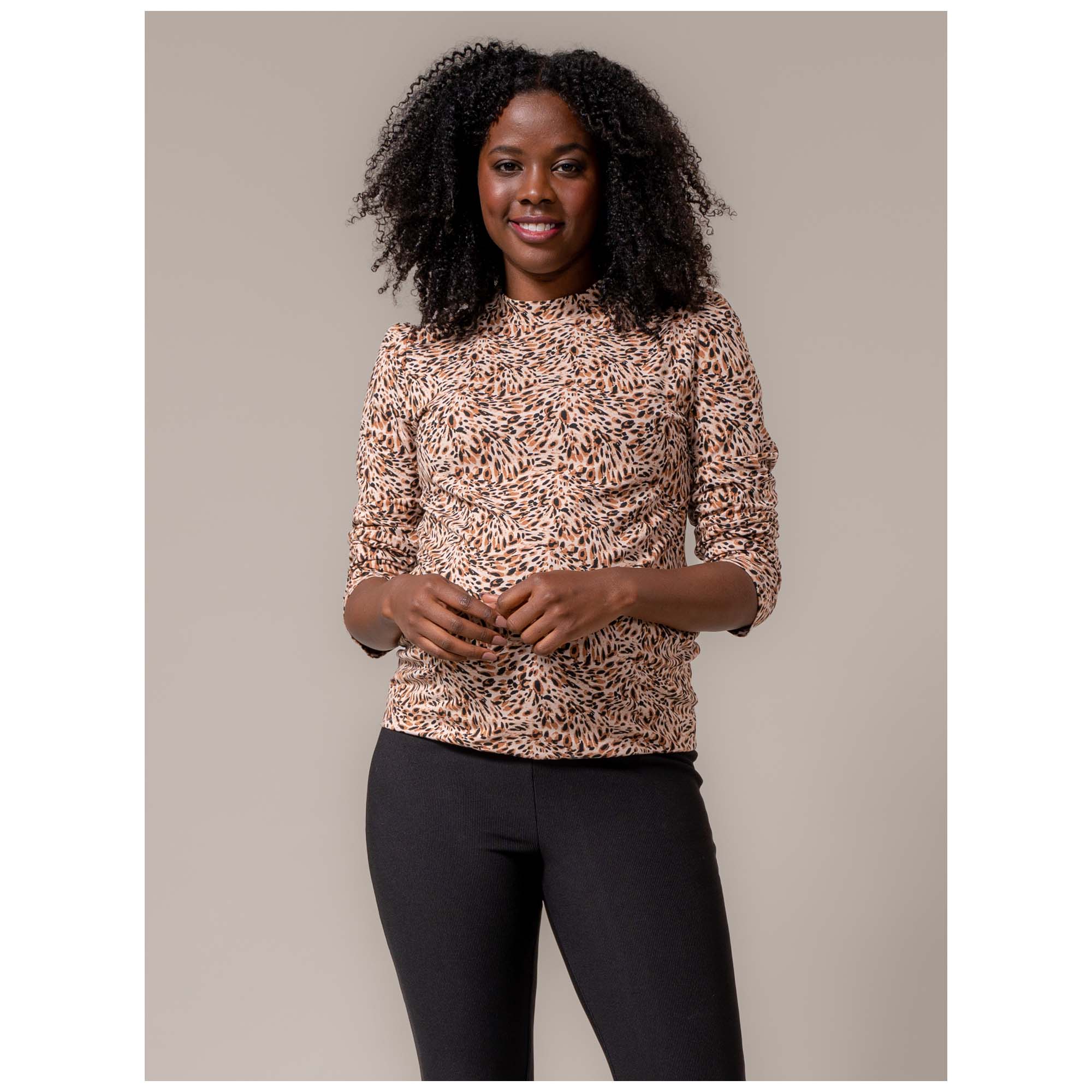 Prénatal zwangerschaps T-shirt lange mouwen dierenprint beige